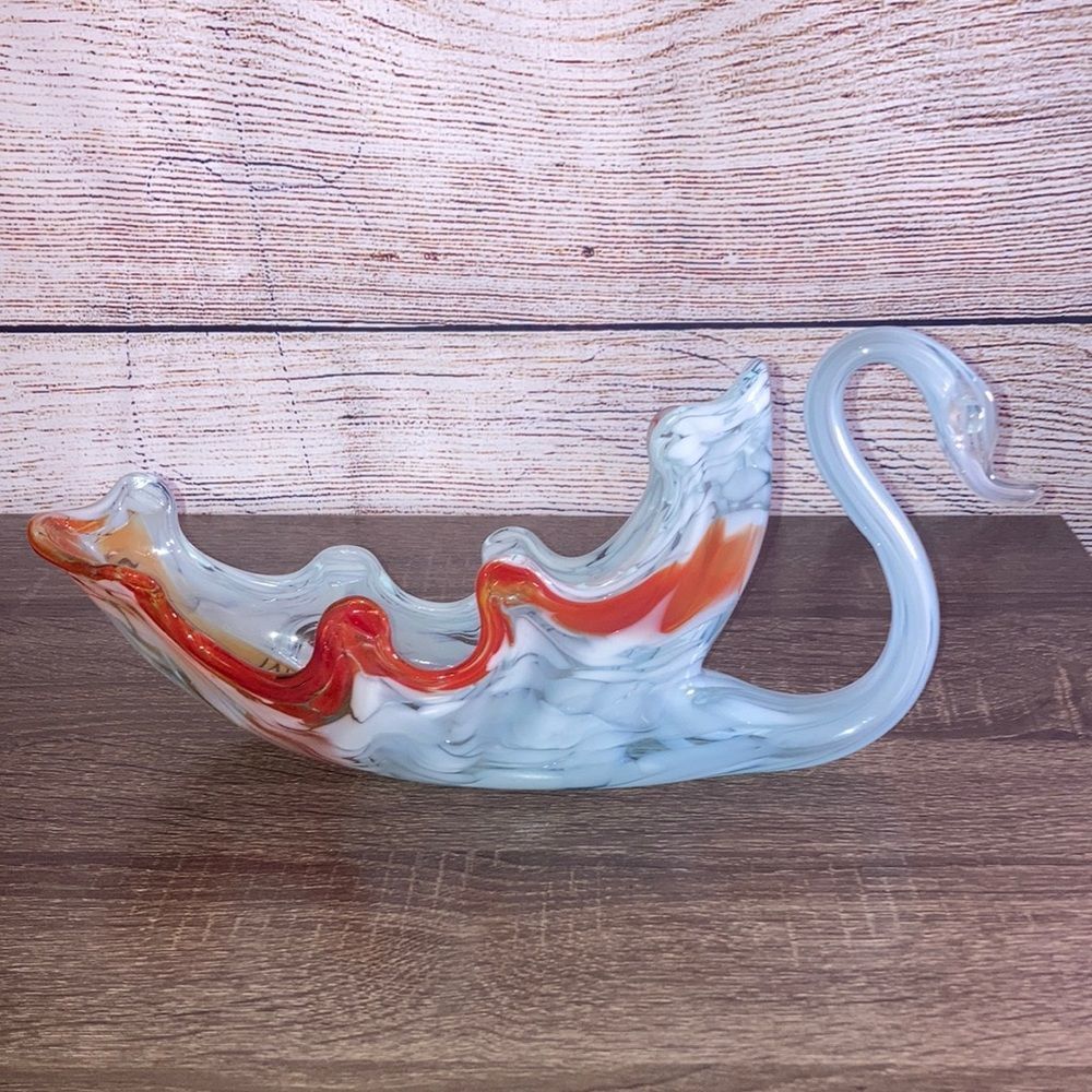 Vintage Large Blown Glass Swan Pulled Glass Swan Orange Marbled Glass